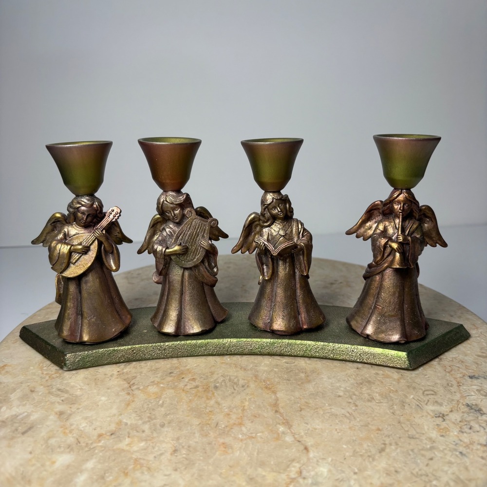 Vintage Hallmark Musical Angel Candle Holder 4 Cherub Musicians Bronze Patina